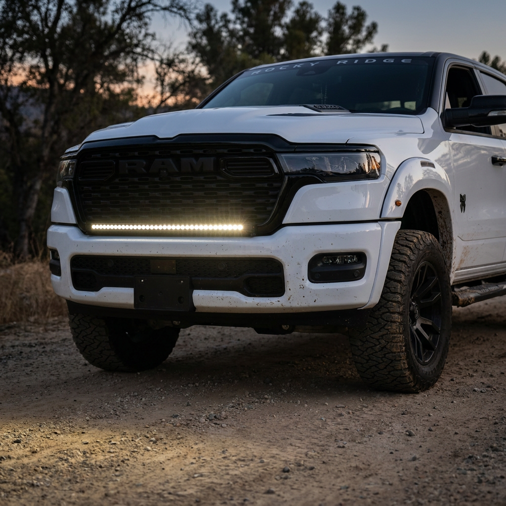 2026 RAM 1500 HEMI 40in SLIM light bar white beam lighting the ground, front three-quarter view