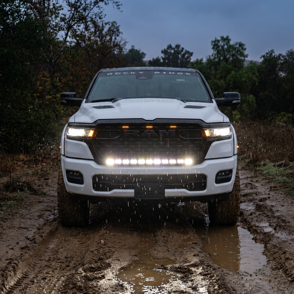 2026 RAM 1500 HEMI head-on on a muddy trail with 40in light bar PRO glowing white