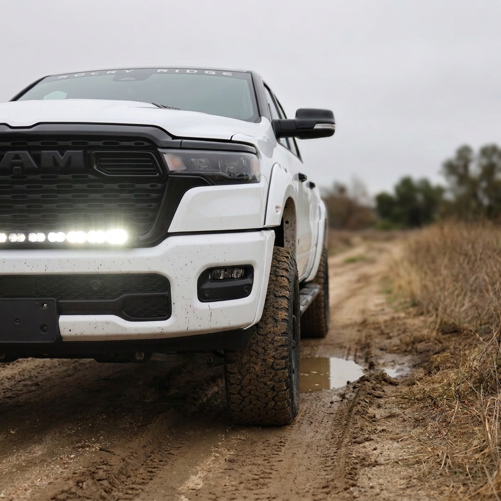 2026 RAM 1500 HEMI front corner with 40in light bar PRO glowing white in the grille on a dirt trail