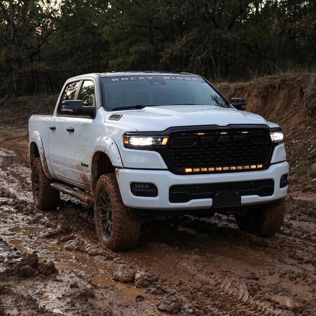 2026 RAM 1500 HEMI 40in light bar PRO with amber DRL backglow on a muddy trail