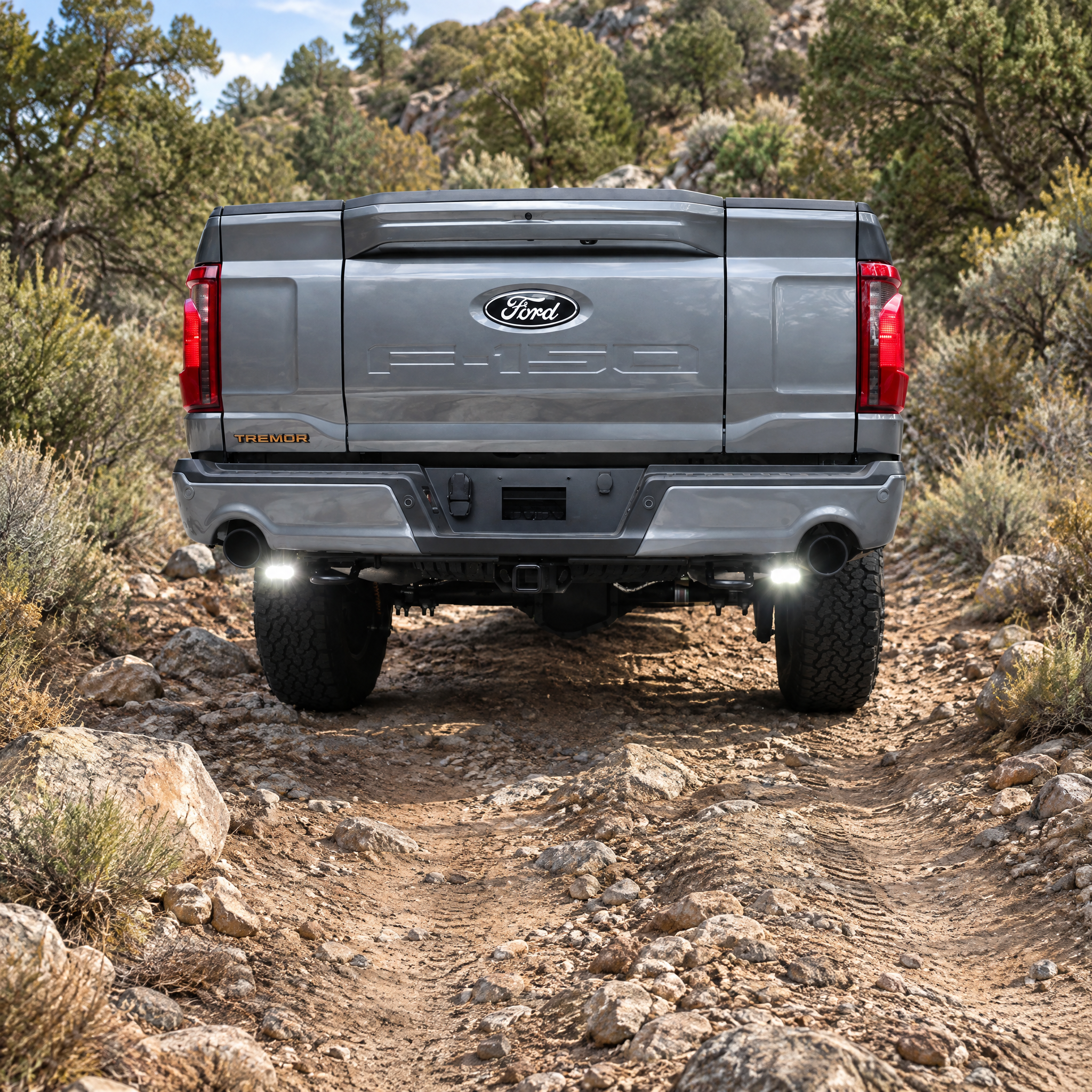 2022 Ford F-150 rear view on a rocky trail with LED reverse lights lit in white off-road light under the bumper