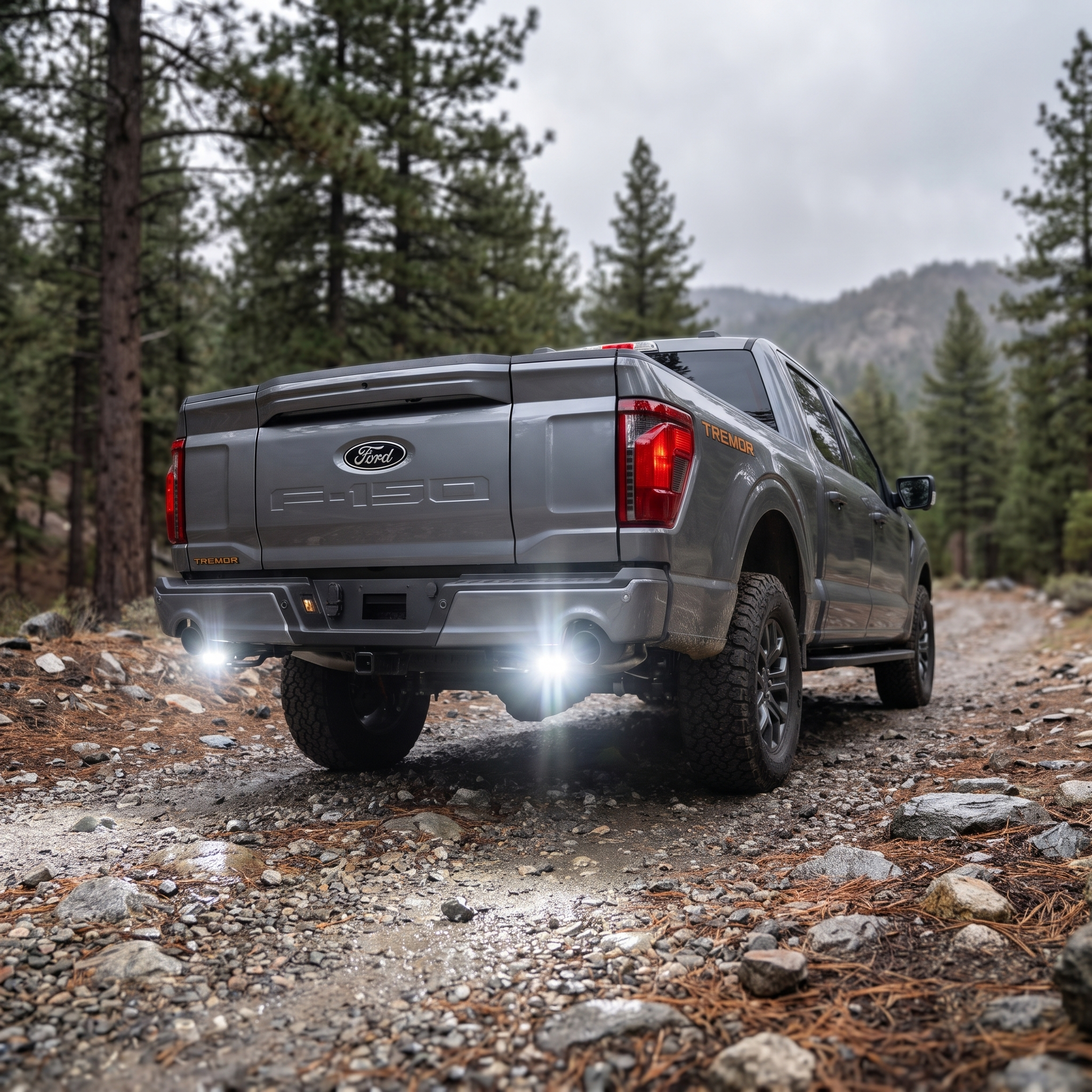 2022 Ford F-150 reverse light kit on a forest trail, white off-road light shining from both rear pods, rear three-quarter view