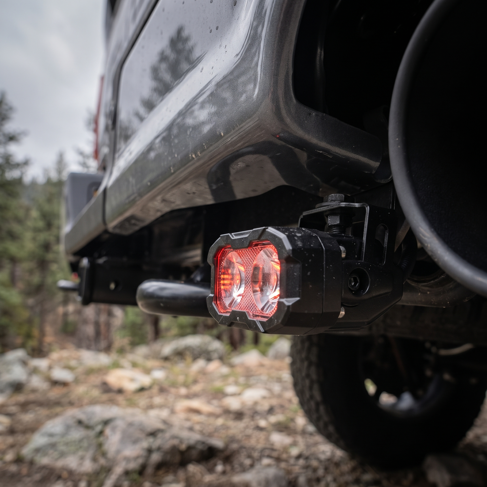 2025 Ford F-150 reverse light close-up, 20W PRO pod with red backlight on its powder coated bracket, forest trail