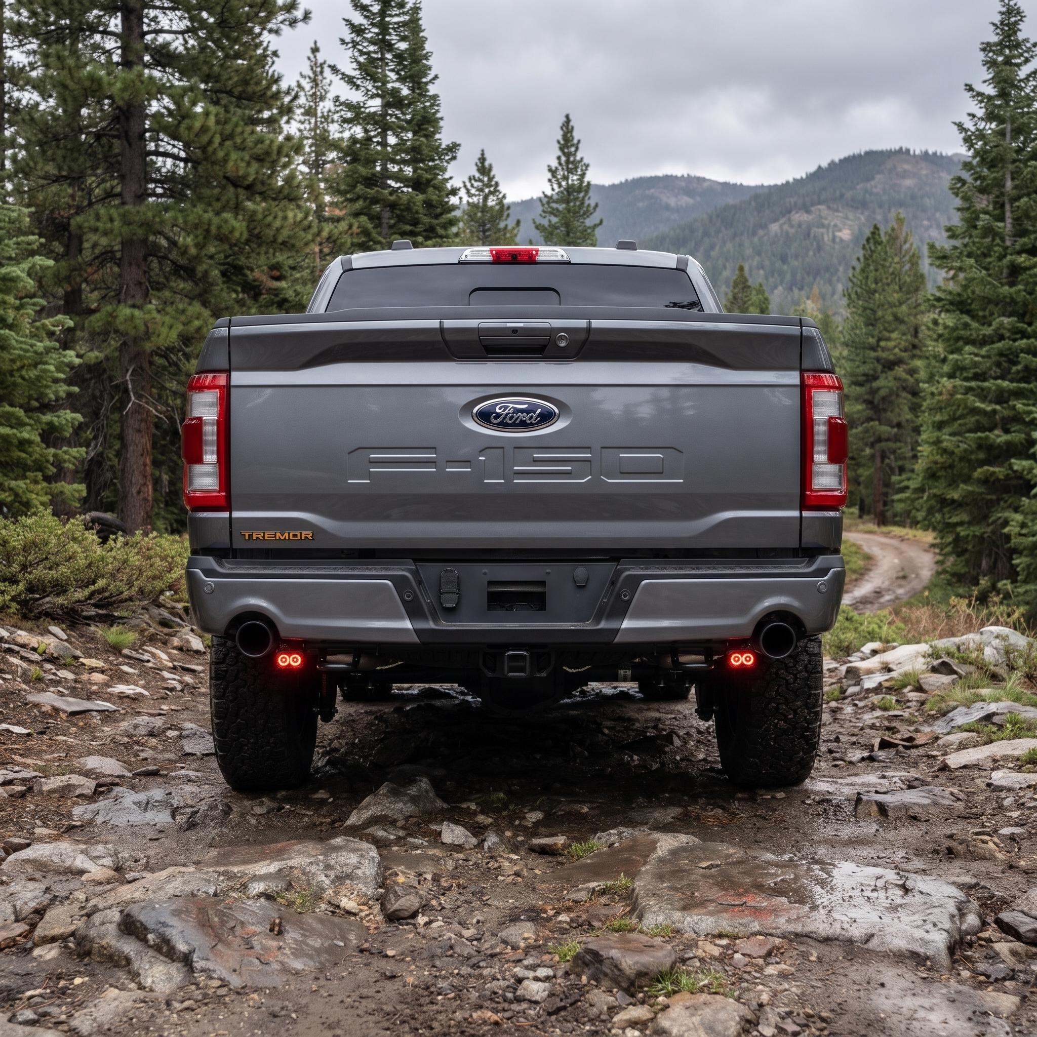 2026 Ford F-150 Tremor rear view on a rocky trail with red backlight glowing on both reverse light pods