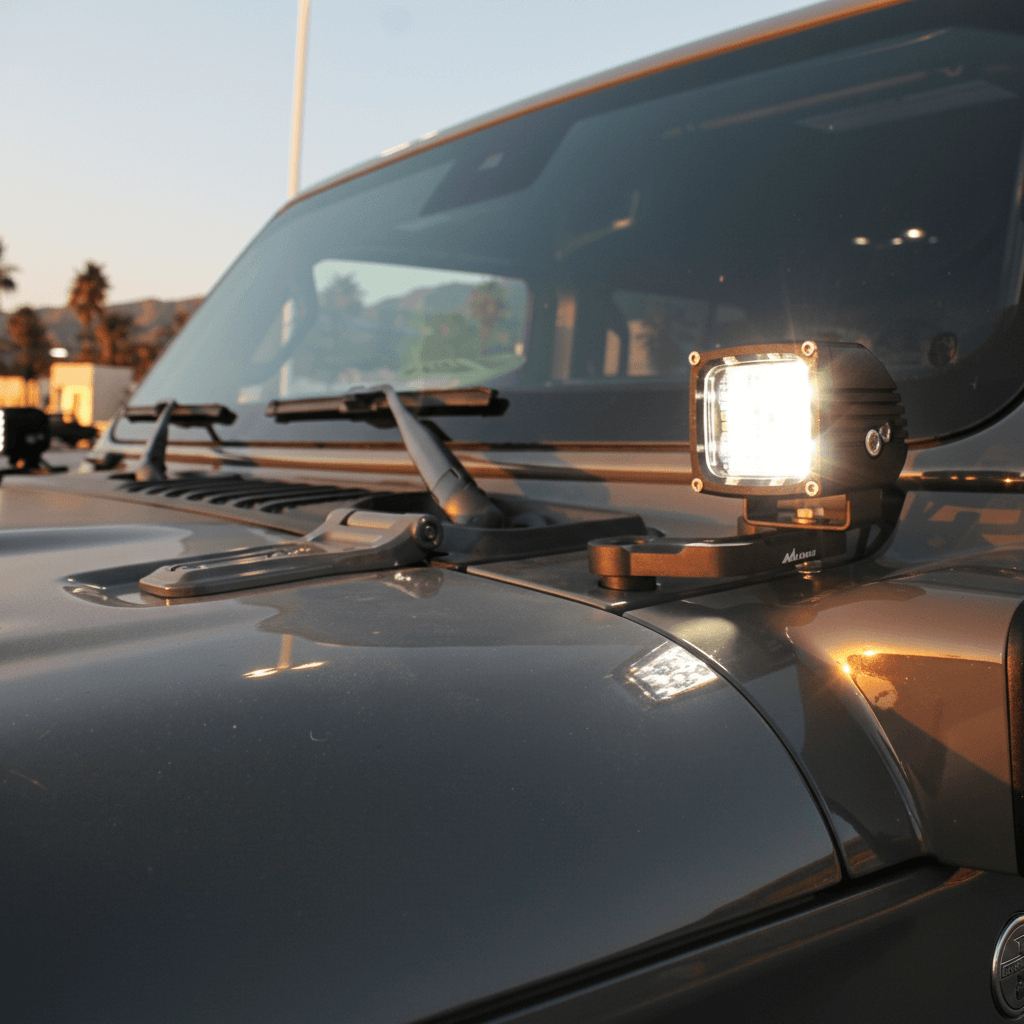 2019+ Jeep Gladiator ditch lights dual-color LED hood mount pod installed on driver side cowl for improved trail visibility