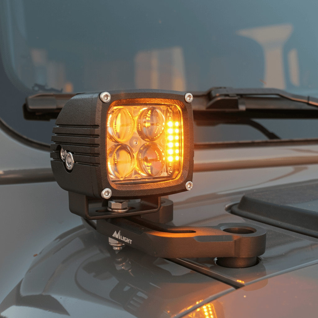 2019+ Jeep Gladiator ditch lights dual-color LED pod amber DRL mounted on hood bracket
