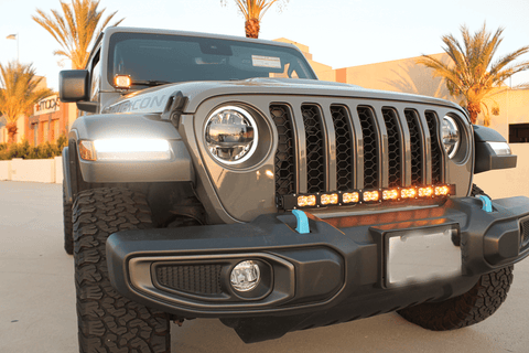 2019+ Jeep Gladiator ditch lights LED pods mounted on front bumper, dual white and amber lighting upgrade for off-road visibility