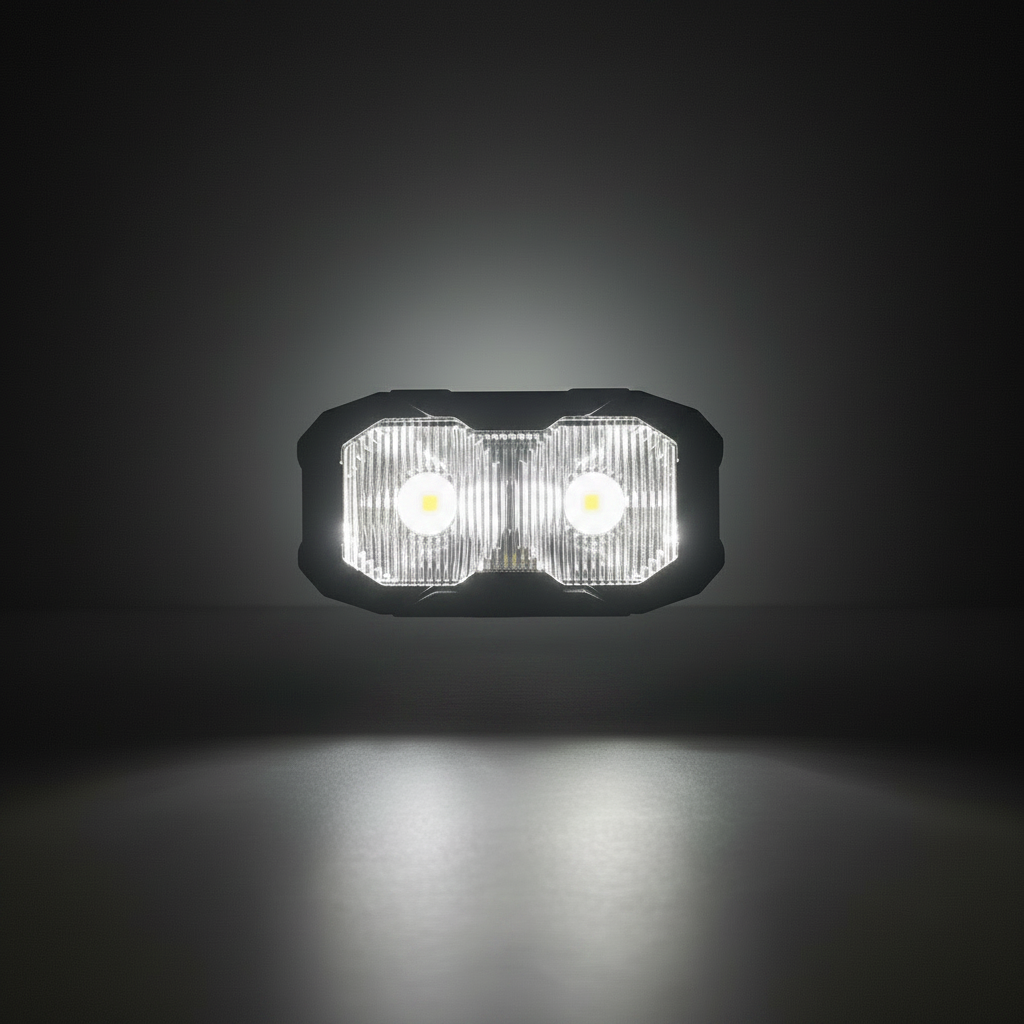 M&R Automotive reverse light LED pod, front-on view with white LEDs fully illuminated