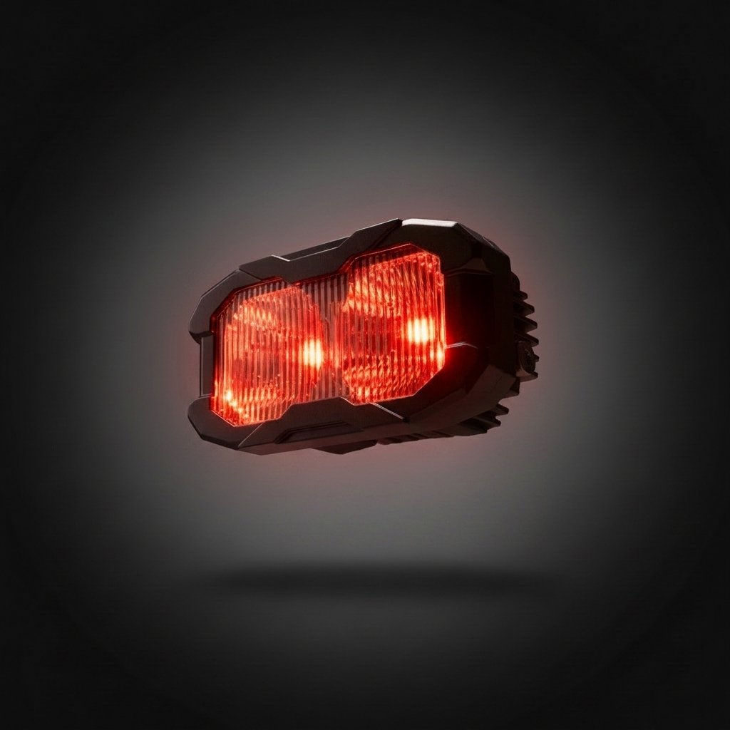 M&R Automotive reverse light LED pod with red backlight illuminated, angled view of dual round lenses