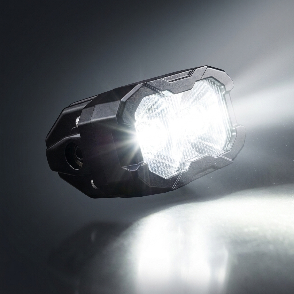 M&R Automotive reverse light LED pod, angled view with white LED beam lit showing bright light rays
