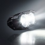 M&R Automotive reverse light LED pod, angled view with white LED beam lit showing bright light rays
