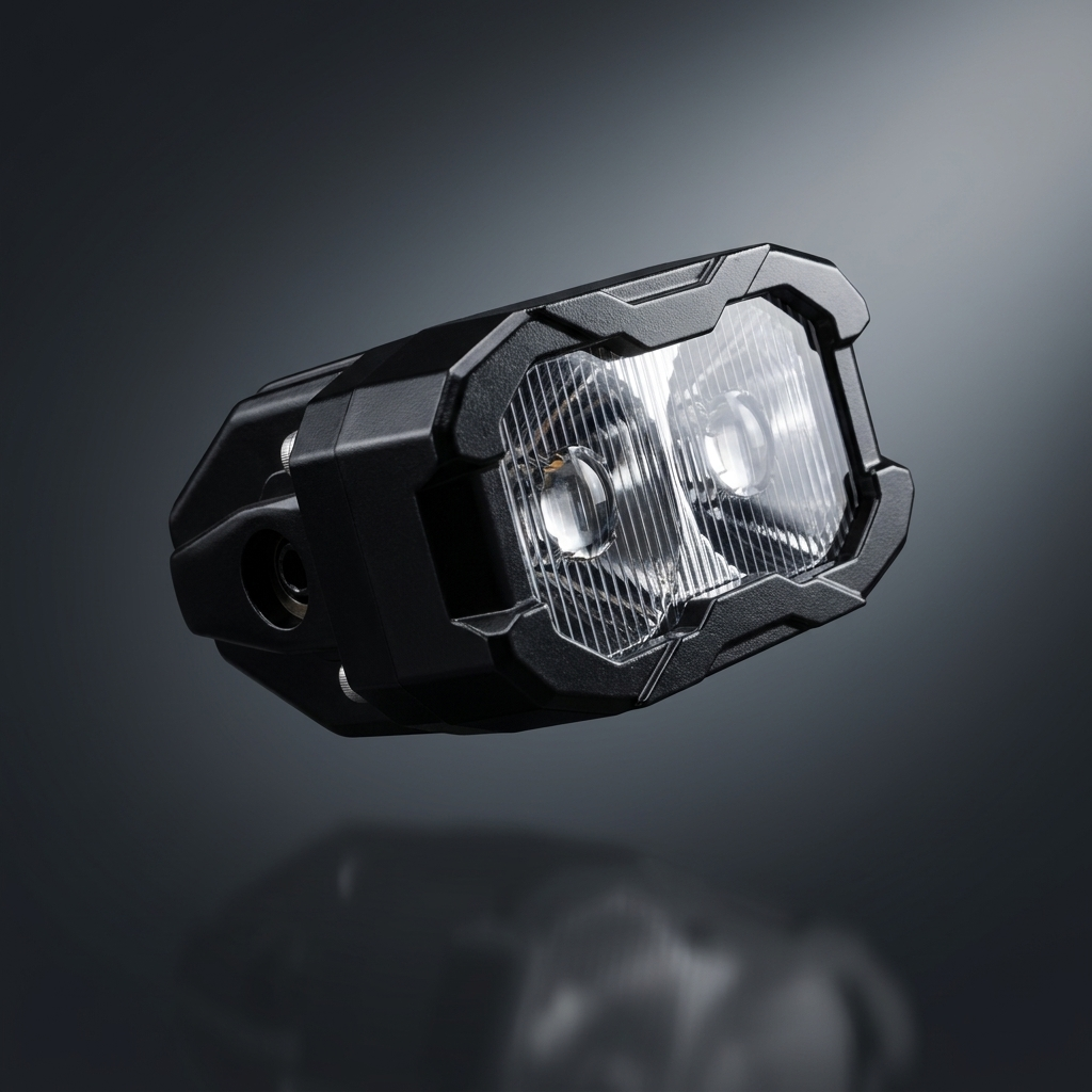 M&R Automotive reverse light LED pod, powered off, angled view showing dual round lenses and black aluminum housing