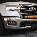 white 2025 ram 1500 with LED light bar ambeer drl and fog lights ambeer backglow