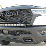 RAM REBEL lightbar mounted on 2025 RAM Rebel front bumper with slim curved PRO LED bar for a built-in look