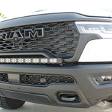 RAM REBEL lightbar mounted on 2025 RAM Rebel front bumper with slim curved PRO LED bar for a built-in look