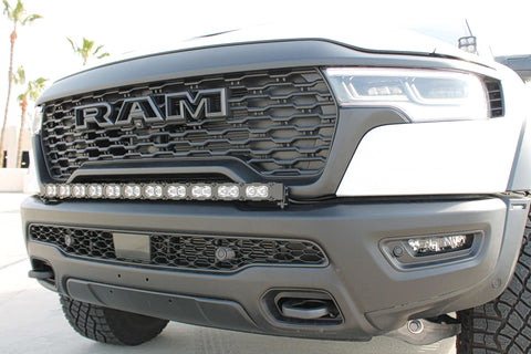 RAM REBEL lightbar mounted on 2025 RAM Rebel front bumper with slim curved PRO LED bar for a built-in look