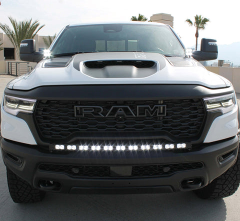 RAM REBEL lightbar RAM Rebel 1500 front view with curved LED bar, bolt-on installation, no grille cutting
