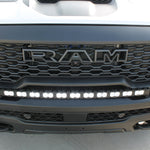 RAM REBEL lightbar on 2025+ RAM 1500 Rebel front grille, curved LED bar installed below bumper for a built-in look
