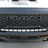 RAM REBEL lightbar on 2025+ RAM 1500 Rebel front grille, curved LED bar installed below bumper for a built-in look