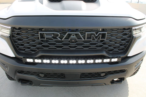 RAM REBEL lightbar on 2025+ RAM 1500 Rebel front grille, curved LED bar installed below bumper for a built-in look