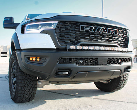 RAM REBEL lightbar shown on 2025-2026 RAM 1500 Rebel front with curved PRO LED bar, bolt-on, no cutting, factory openings