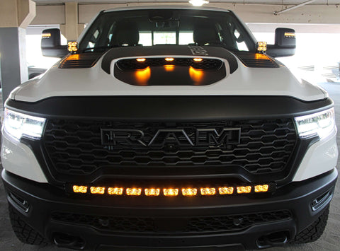 RAM REBEL lightbar fits 2025-2026 RAM 1500 Rebel; curved PRO LED light bar follows bumper curvature, slim built-in look, bolt-on with no drilling