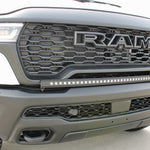 RAM RHO Lightbar installed on RAM 1500 RHO bumper, curved slim light bar with black powder-coated bracket for a built-in look