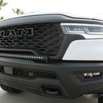 RAM RHO Lightbar on a RAM 1500 RHO front bumper with curved slim design, black powder-coated bracket, no grille cutting required