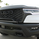 RAM RHO Lightbar on a RAM 1500 RHO front bumper with curved slim design, black powder-coated bracket, no grille cutting required