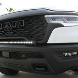 RAM RHO Lightbar 40in Slim on RAM 1500 RHO front bumper - curved light bar, black powder-coated bracket, no grille cutting, slim built-in look
