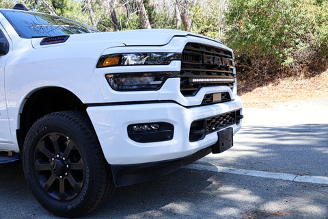 2025+ RAM 2500 light bar slim 40in front bumper mount on white RAM 2500 truck, fits 2025 2026 RAM 2500 3500 trims