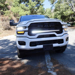 2025+ RAM 2500 light bar slim 40in curved LED grille mount for 2025 2026 RAM 2500 3500 truck front view on road