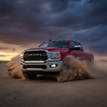 RAM 2500 3500 HD 40in Light Bar PRO mounted on red RAM truck driving off-road at sunset