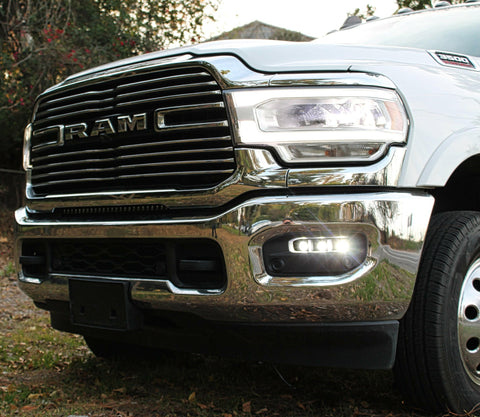 RAM 2500 Fog Light Kit installed on 2025 RAM 2500 truck front bumper with bright LED fog lights on