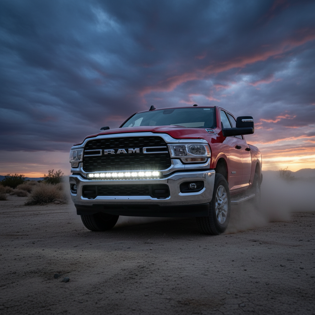 RAM 2500 3500 HD 40in Light Bar PRO curved LED mounted on red RAM HD truck driving off-road at sunset