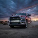RAM 2500 3500 HD 40in Light Bar PRO curved LED mounted on red RAM HD truck driving off-road at sunset