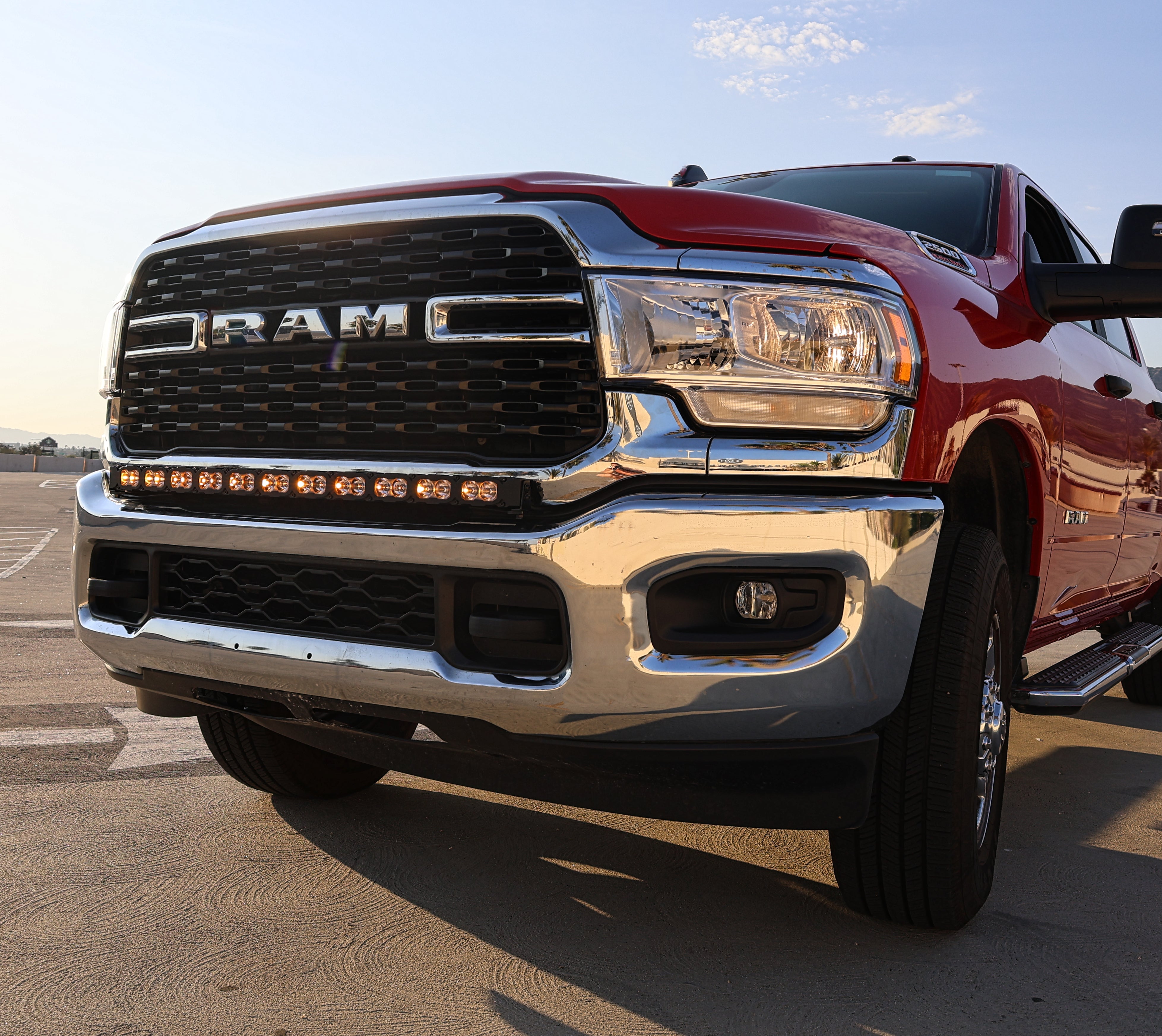 RAM 2500 3500 HD 40in Light Bar curved LED PRO mounted in factory bumper opening on 2019-2024 RAM truck front view