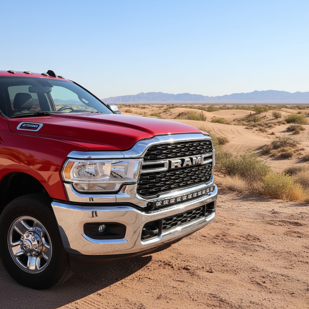 RAM 2500 3500 HD 40in Light Bar mounted on red RAM truck, curved PRO LED bar following factory bumper and grille in desert setting