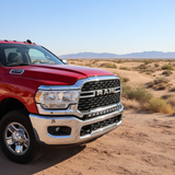 RAM 2500 3500 HD 40in Light Bar mounted on red RAM truck, curved PRO LED bar following factory bumper and grille in desert setting