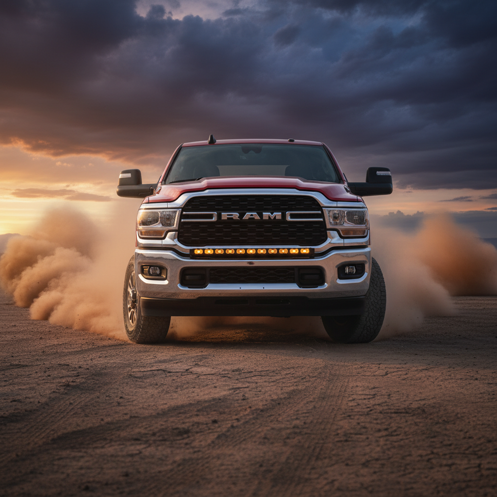 RAM 2500 3500 HD 40in Light Bar PRO installed on RAM HD truck kicking up dust at sunset