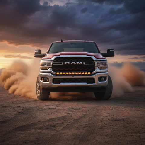 RAM 2500 3500 HD 40in Light Bar PRO installed on RAM HD truck kicking up dust at sunset