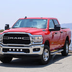 RAM 2500 lightbar Bumper Light kit installed on red 2019-2024 RAM 2500 truck with lower grille LED light pods