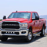 RAM 2500 lightbar Bumper Light kit installed on red 2019-2024 RAM 2500 truck with lower grille LED light pods