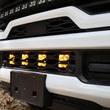 2025+ RAM 2500 Light kit lower grille pods with amber LED lights installed, no-cut bolt-on truck lighting upgrade