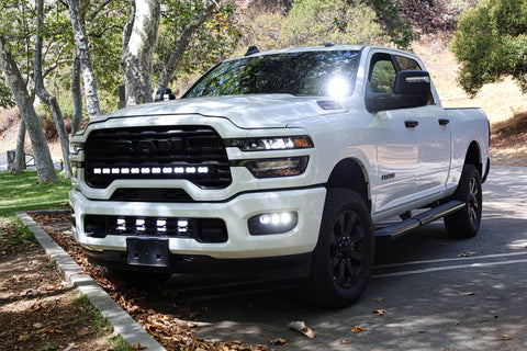 2025+ RAM 2500 & 3500 Ditch Lights PRO dual color white LED with amber DRL installed on white RAM HD truck
