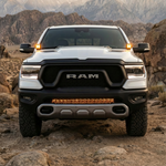 RAM Rebel Light Bar on 2019-2024 RAM 1500 Rebel truck, slim single 40in LED bar mounted in front bumper off-road