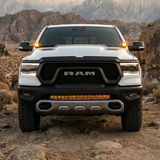 RAM Rebel Light Bar on 2019-2024 RAM 1500 Rebel truck, slim single 40in LED bar mounted in front bumper off-road