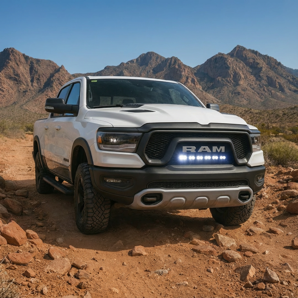 RAM REBEL light bar PRO installed on white RAM 1500 Rebel driving off-road in desert mountains