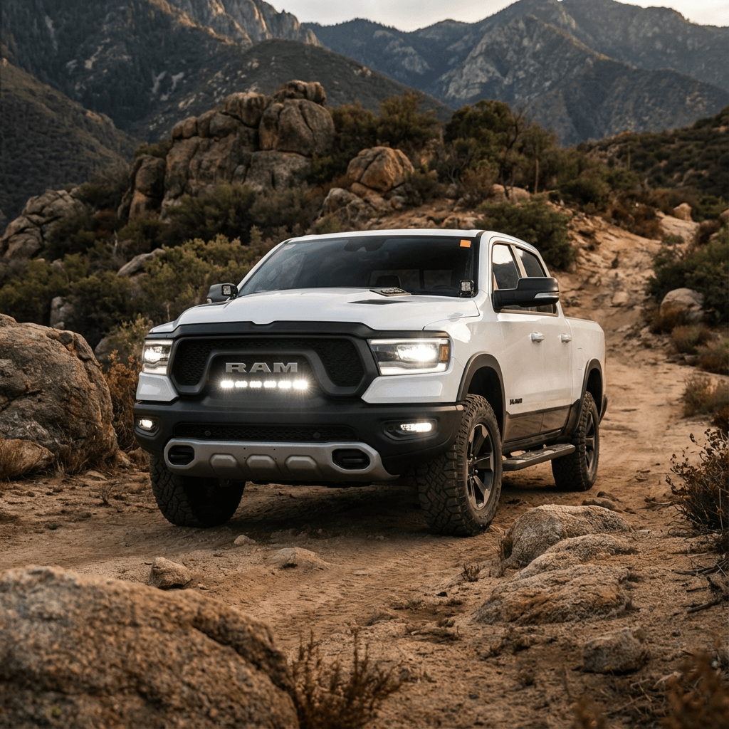 RAM REBEL light bar PRO installed on white RAM 1500 Rebel driving off-road between rocks at sunset