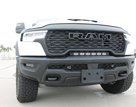 RAM RHO light bar installed between grille and bumper on 2025 RAM 1500 RHO Rebel, curved slim PRO LED front lighting